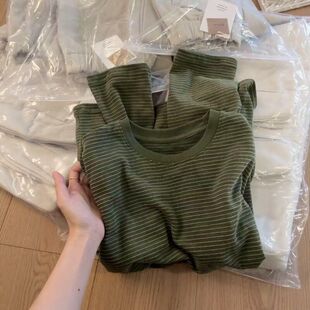 广州十三行绿色条纹长袖 韩系宽松慵懒风上衣 t恤女春秋内搭打底衫