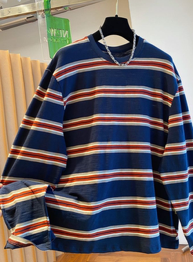 广州十三行女装撞色复古条纹长袖t恤女春秋外穿宽松打底衫上衣服