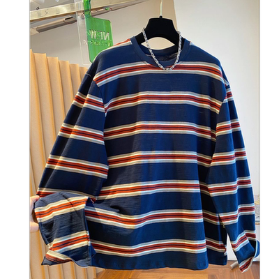 撞色复古条纹长袖t恤女春秋宽松