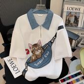 翻领短袖 t恤衫 女夏季 广州十三行高货爆款 大码 宽松上衣设计感小众