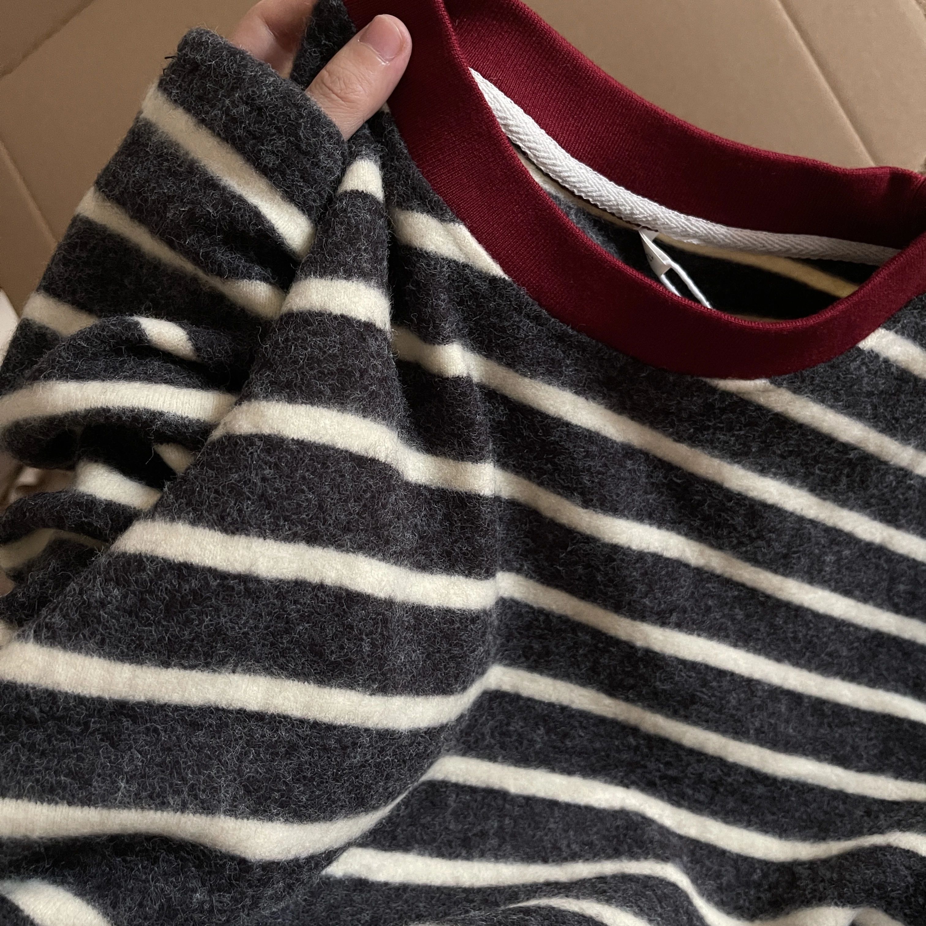 毛绒软糯条纹t恤女加厚保暖上衣