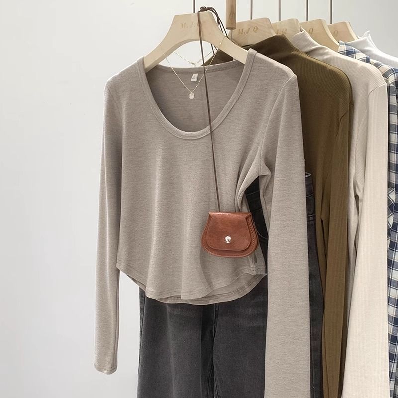 纯色基础长袖t恤女春秋内搭短款