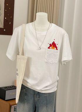 广州十三行白色圆领短袖正肩t恤女夏季松弛感宽松慵懒高级感上衣