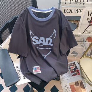 广州十三行美式 T恤女夏季 个性 宽松别致上衣 复古bf酷飒风纯棉短袖