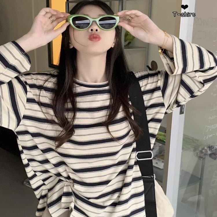 条纹圆领长袖t恤女纯棉打底上衣