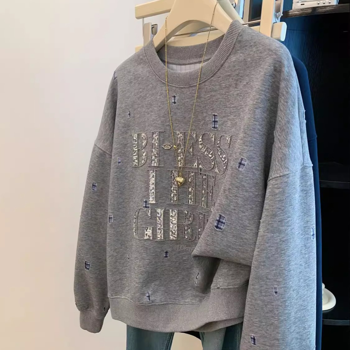 重磅纯棉重工亮片刺绣卫衣女春秋