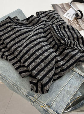 广州十三行女装条纹长袖t恤女春秋季纯棉打底衫韩系百搭显瘦上衣