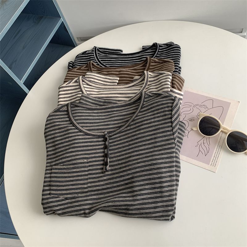 韩系慵懒风条纹长袖T恤女春秋季
