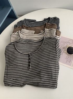 广州十三行韩系慵懒风条纹长袖T恤女春秋内搭打底衫独特别致上衣