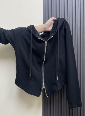 广州十三行女装短款连帽卫衣女春秋季黑色开衫薄外套休闲运动上衣