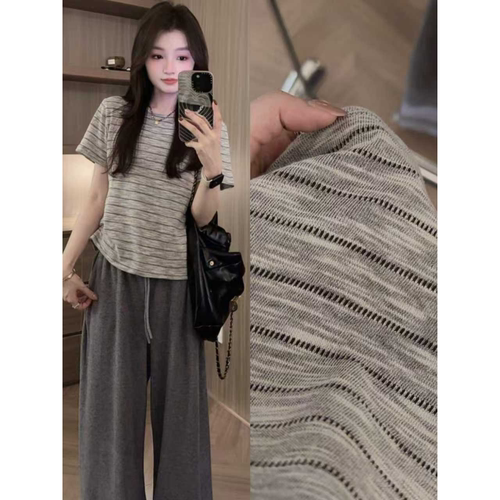 正肩条纹t恤女夏季短袖打底小衫