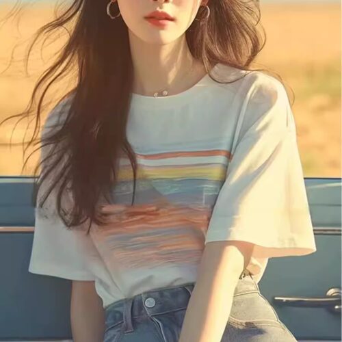 正肩短袖t恤女夏重磅纯棉打底衫