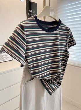 广州十三行女装正肩条纹短袖t恤女夏撞色减龄修身辣妹风打底上衣