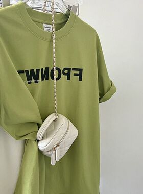 广州十三行芥末绿色纯棉短袖t恤女夏季松弛感宽松慵懒高级感上衣