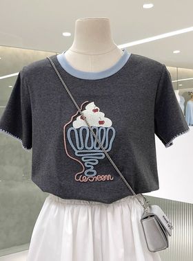 广州十三行女装灰色正肩纯棉t恤女短袖夏季半袖体恤宽松显瘦上衣