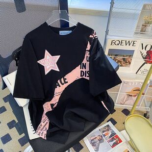 t恤女夏季 宽松慵懒小众纯棉上衣 高街正肩纯棉短袖 广州十三行美式