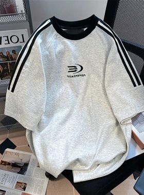 广州十三行纯棉短袖t恤女夏季宽松半袖体恤三条杠休闲运动上衣潮