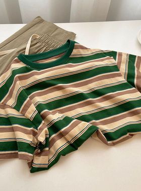 广州十三行高货爆款纯棉正肩短袖t恤打底衫绿色条纹上衣女夏宽松