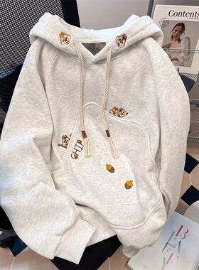 广州十三行女装春秋纯棉连帽卫衣女秋冬季宽松慵懒风加绒加厚外套