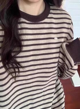 广州十三行女装条纹卫衣女春秋薄款遮屁股宽松oversize上衣慵懒风