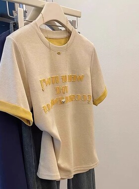 广州十三行女装圆领正肩t恤女夏字母刺绣休闲短袖体恤上衣服ins潮