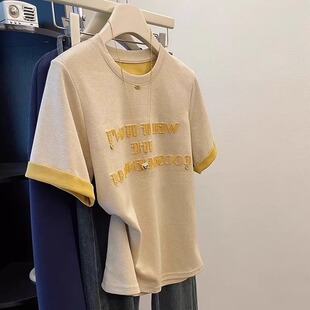 广州十三行女装 体恤上衣服ins潮 圆领正肩t恤女夏字母刺绣休闲短袖