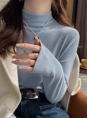 广州十三行女装蓝色内搭长袖t恤女秋冬半高领保暖打底衫外穿上衣