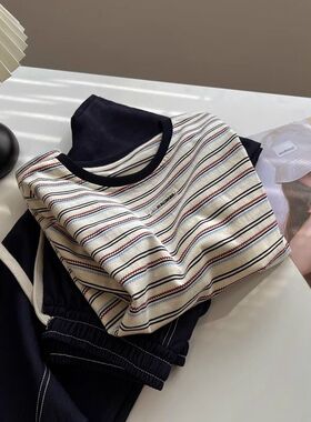 广州十三行女装正肩纯棉短袖t恤女夏别致独特条纹刺绣上衣超好看