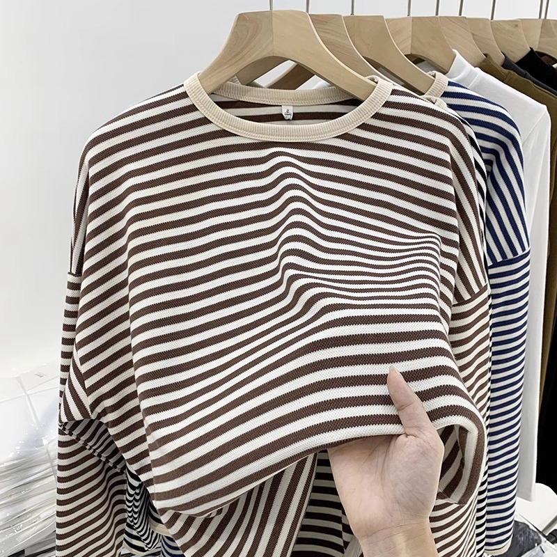 春秋条纹长袖t恤女遮肉显瘦上衣