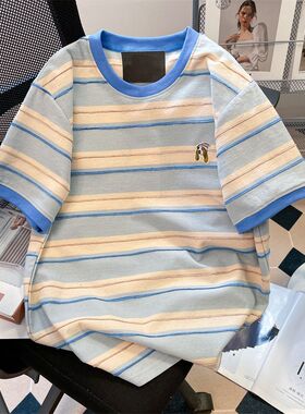 广州十三行拼色条纹短袖t恤女夏季大码胖mm微胖显瘦小狗刺绣上衣