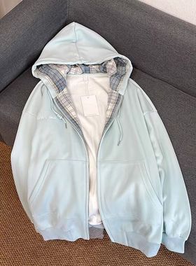 广州十三行女装蓝色卫衣女春秋季慵懒风早秋连帽薄外套oversize潮