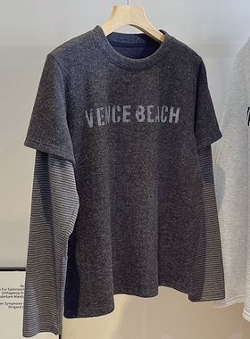 广州十三行磨毛长袖t恤女春秋内搭打底衫可外穿设计感假两件上衣