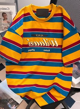 广州十三行女装美式正肩上衣短袖t恤夏季撞色条纹宽松半袖体恤女