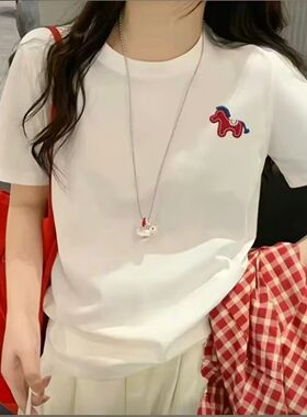 广州十三行刺绣正肩圆领短袖t恤女夏纯棉打底衫简约百搭白色上衣