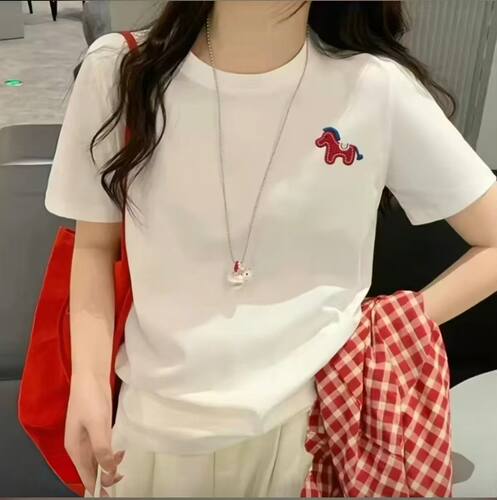 刺绣正肩圆领短袖t恤女夏季纯棉