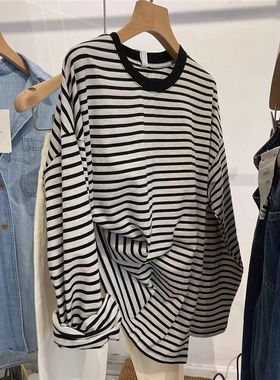 广州十三行女装春秋季条纹长袖t恤女早秋内搭打底衫上衣宽松外穿