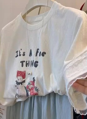 广州十三行女装轻薄雪花棉短袖t恤夏季蕾丝拼接气质上衣女高级感