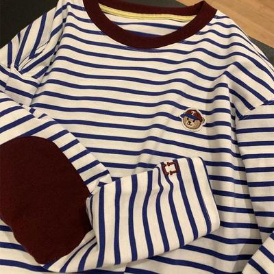 纯棉长袖t恤女春秋条纹打底上衣