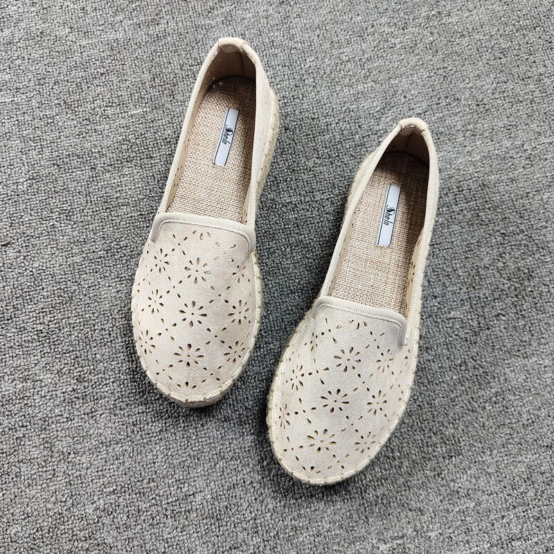 渔夫鞋女2022春夏新款圆头平底鞋低跟厚底单鞋浅口绒面镂空休闲鞋