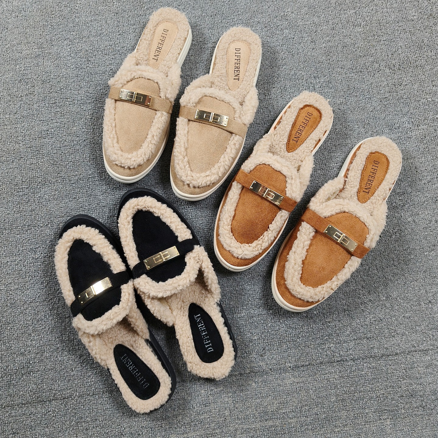 外贸低跟休闲金属扣毛毛穆勒鞋女2026新款懒人保暖棉拖鞋包头半拖,女鞋,穆勒鞋,淘宝优惠券,粉丝福利购,淘宝优惠卷