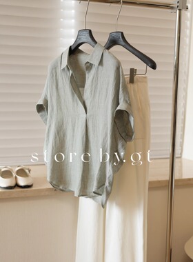 雨露亚麻细条纹V翻领落肩微宽松衬衫 水洗色织亚麻原创定织定染