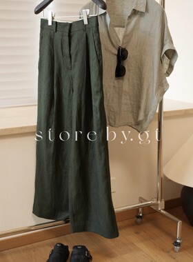 水洗雨露亚麻高腰直筒长裤 定染墨绿复古老钱风高级极简2026新款