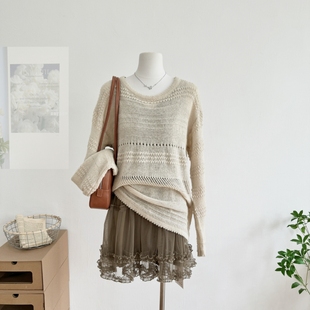 女秋宽松慵懒针织罩衫 马海毛镂空提花圆领针织衫 闲暇周末 林十八