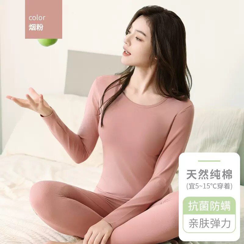 珍妮芬薄款10A抗菌95%纯棉女生圆领套头秋衣裤套装学生棉毛衫A类