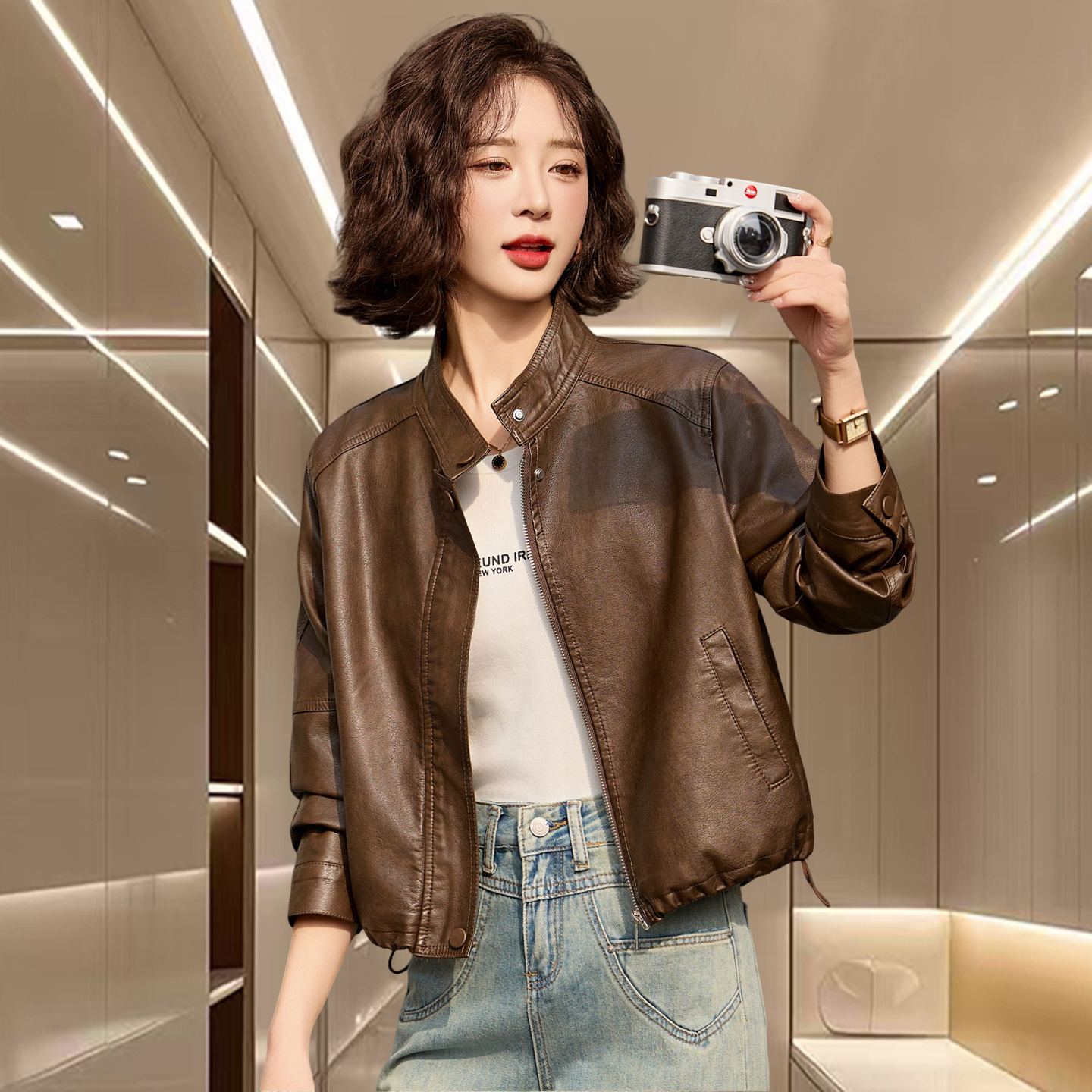 立领机车服真皮绵羊皮皮衣外套女