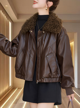 海宁皮毛一体真皮绵羊皮皮衣外套女爆款冬高端大码女装短款皮夹克