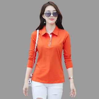 华 哥弟情衬衫高端品牌打底衫女时尚长袖纯棉t恤翻领橙色运动上衣