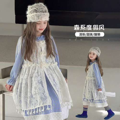 图图小象女童格子连衣裙蕾丝长裙