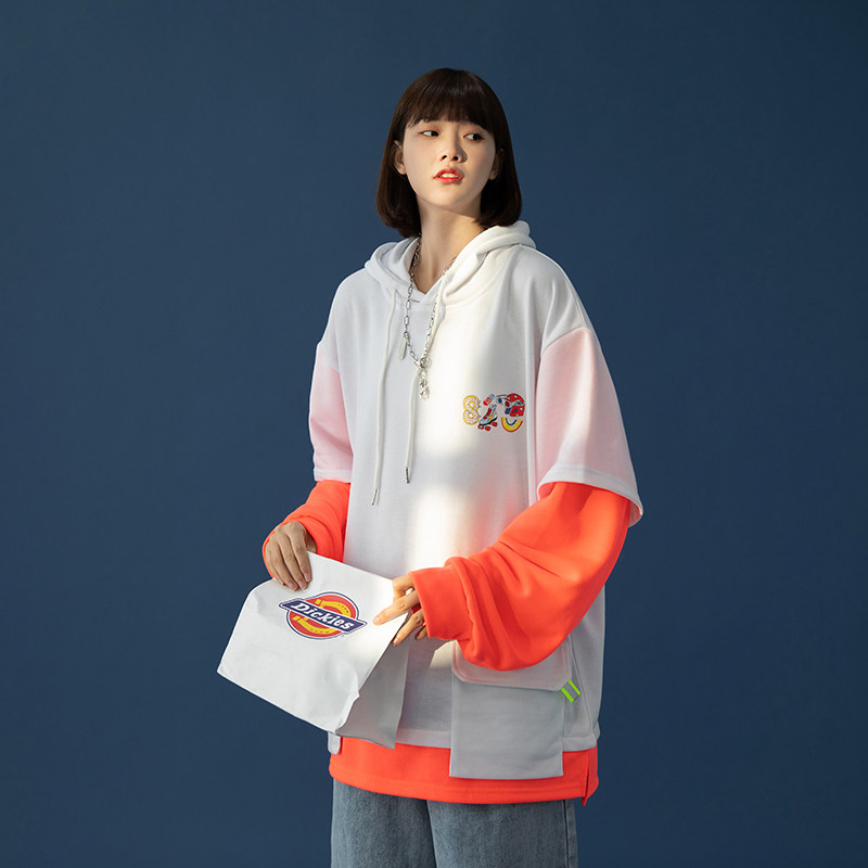 中性風女衛衣假兩件連帽衛衣男寬鬆大碼衛衣