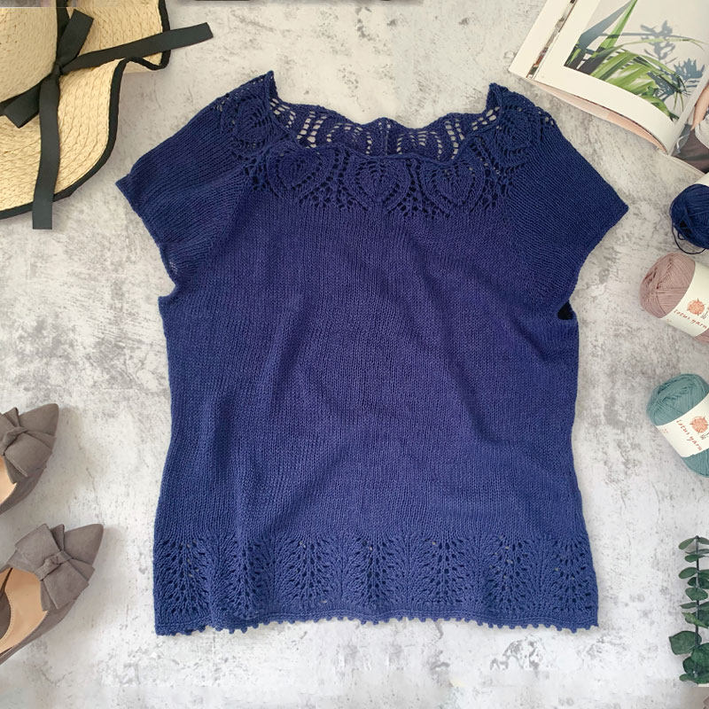 51【菱美】蕾丝叶子花领 亚麻短袖衫棒针图解材料包